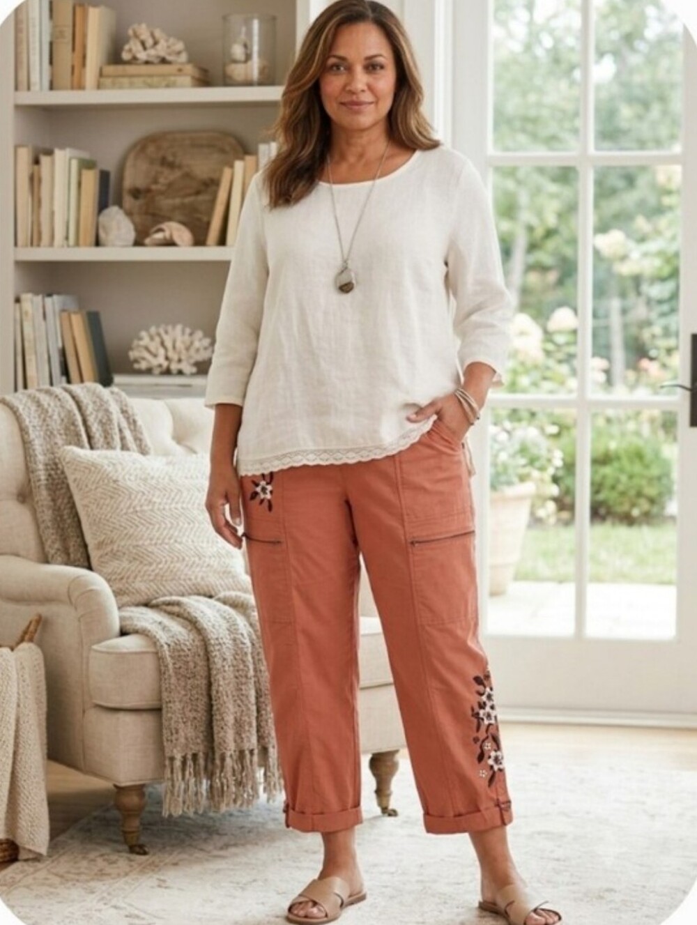 Soft Surroundings Embroidered Cargo Crop Pants Rust Color Boho Casual Size 2X